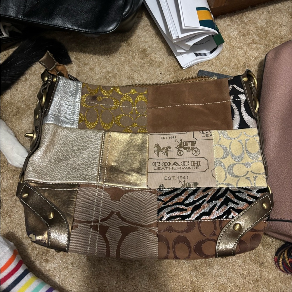 Coach Patchwork Shoulder Bag - Gold, Silver, and Brown